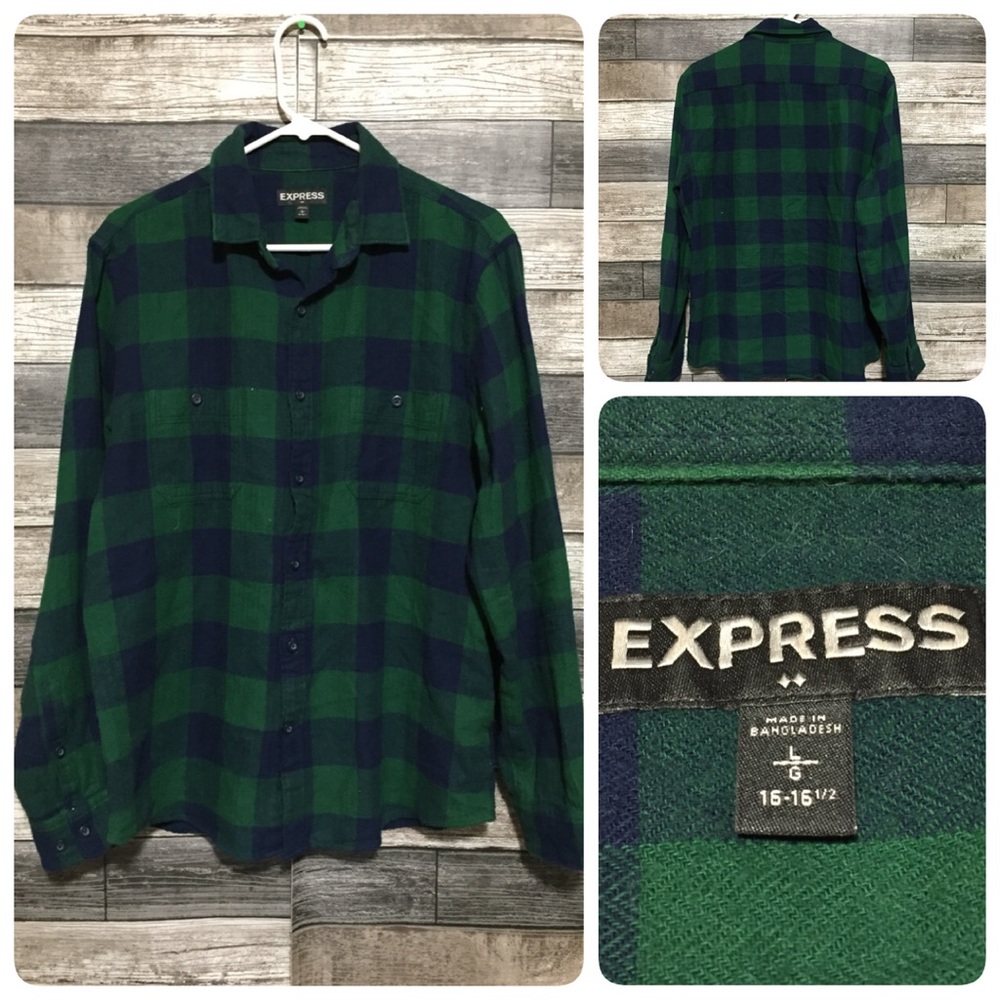 Express Flannel Shirt Men’s L Blue Green Plaid Button Up 100% Cotton